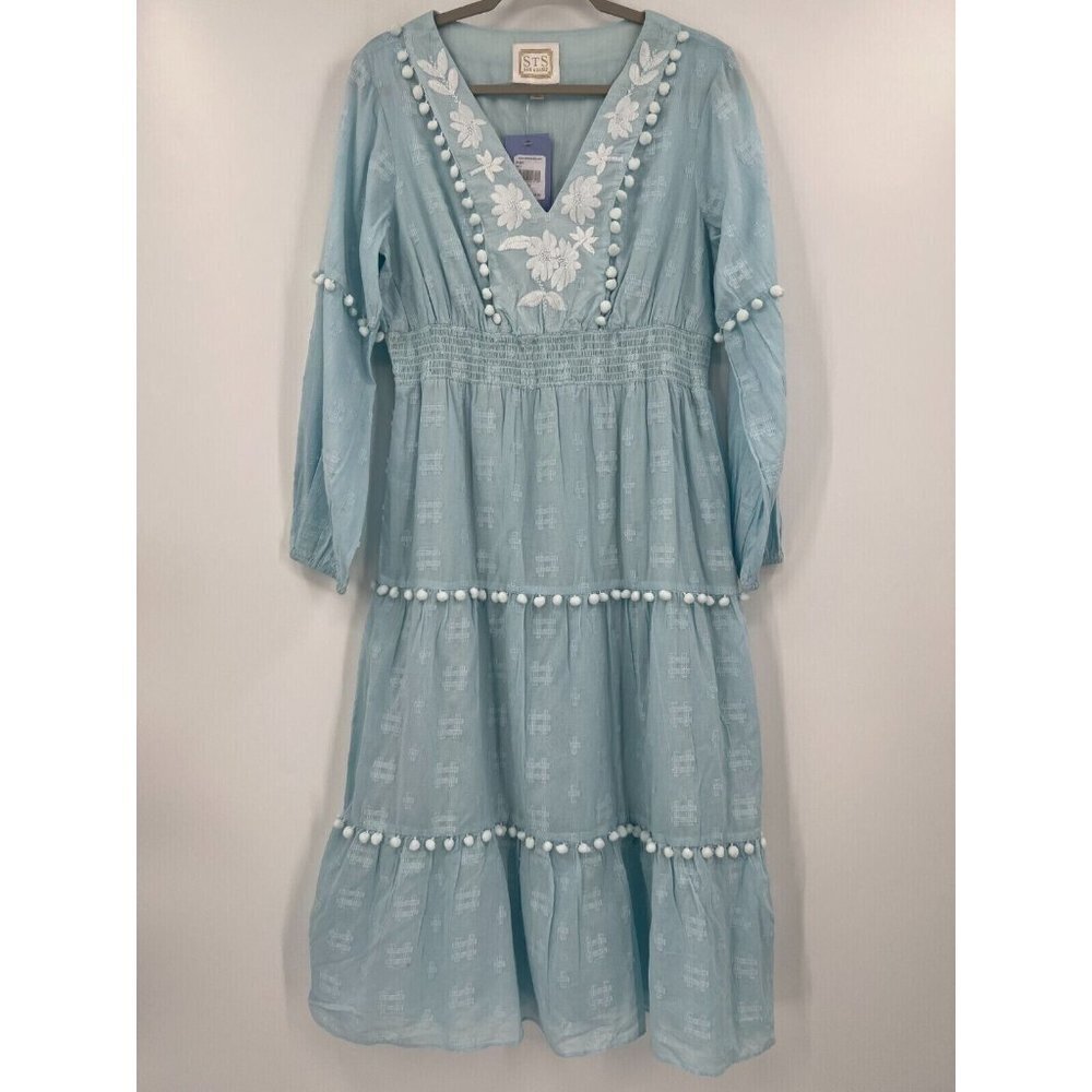 Sail to Sable STS Women's Embroidered Pom Pom Midi Dress in Sky Blue R1907 sz S